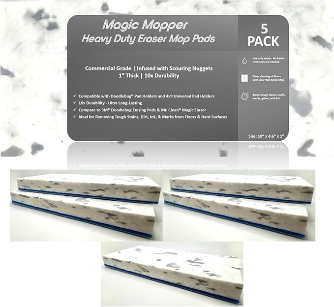 4.5" x 10" Heavy Duty Mop Floor Cleaning Eraser Pads Infused with Scouring Nuggets 10x Durability Commercial Grade Floor Baseboard Walls, Compare to Magic Eraser – Doodlebug Pad, 5 Pack