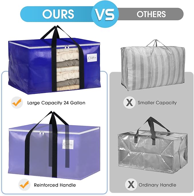 BlissTotes 4 Pack Moving Bags with Clear Window, Storage Bags with Strong Carrying Handles & Zippers,Large Packing Bags for Saving Space, Alternative to Moving Boxes(Blue,24 Gallon)