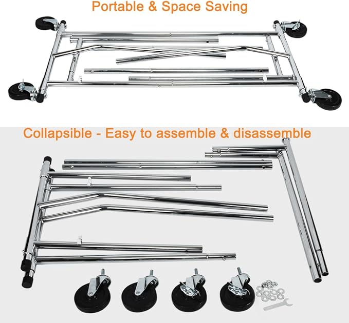 HOKEEPER Clothes Rack, Rolling Clothing Racks for Hanging Clothes, Portable Clothes Rack with Lockable Wheels, Commercial Heavy Duty Garment Rack for Bedroom, Living Room, Laundry, Balcony Collapsible