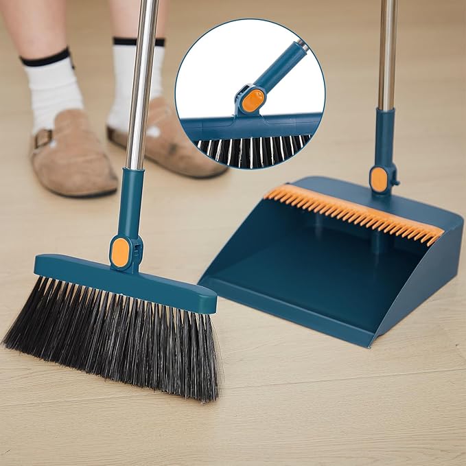 Suclain 4 Set 8 Pcs Broom and Dustpan Set 47 Inch Long Handle Brooms for Sweeping Indoor Household Dustpans for Indoor Outdoor Kitchen Floor(Blue)