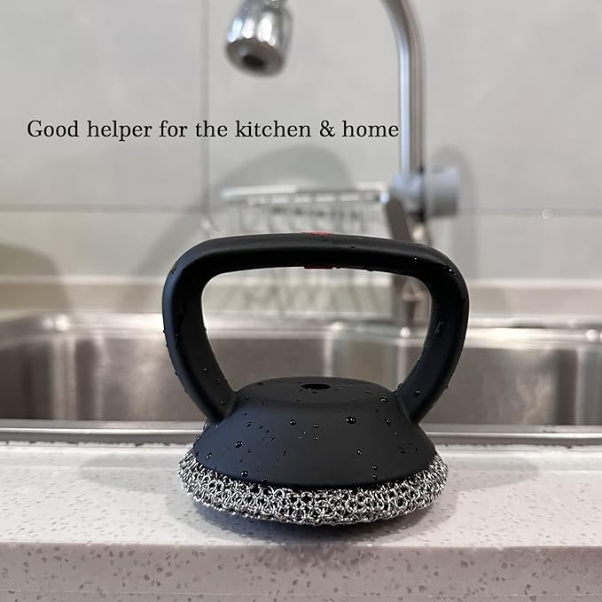 MEIXINZHI Cast Iron Cleaner, Chain Mail Scrubber & Pan Grill Scrapers - 2 in 1 Cast Iron Skillet Cleaner (Black, with mat)
