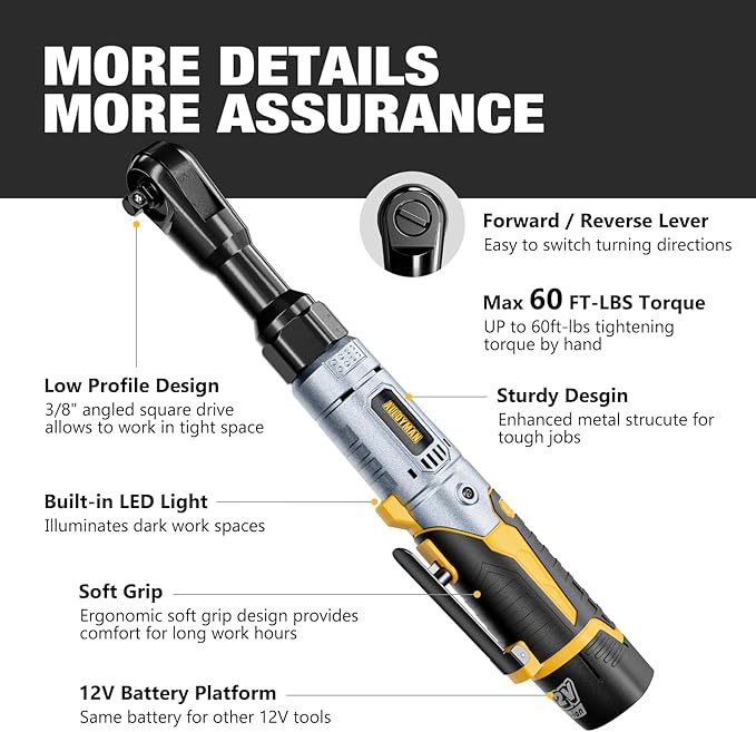 3/8" Cordless Ratchet Wrench Set, 60FT-LBS(80N.m) Electric Ratchet, 12V Extended Power Ratchet Wrench Set with Variable Speed, 6 Sockets, LED Light, 1/4" Adapter,1/2" Adapter,2 Batteries