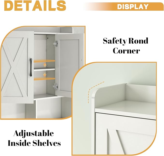 Over The Toilet Storage Cabinet, 32" W Over Toilet Bathroom Organizer with Toilet Paper Holder Stand, Home Space-Saving Toilet Rack for Bathroom, Restroom (2 Barn Doors+Open Shelf, White)