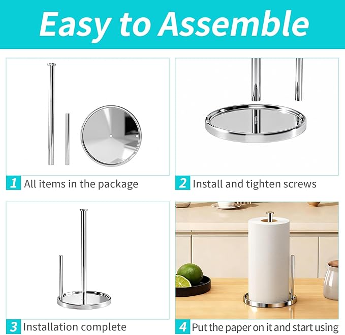 Paper Towel Holder Countertop, Standing Paper Roll Holder with Anti Slip Weighted Base, Stainless Steel Freestanding Paper Towel Holder for Kitchen, Chrome