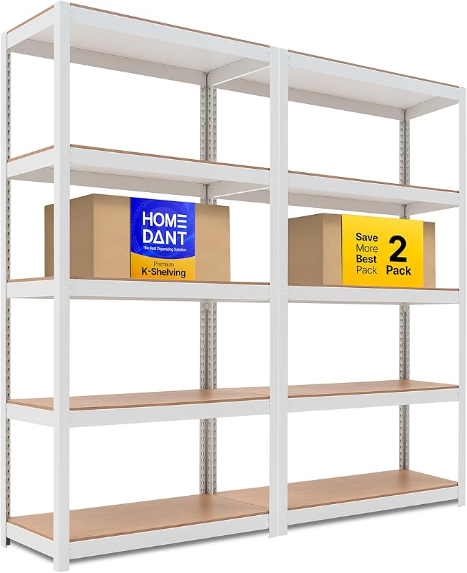 HOMEDANT House 36.2" W 5 Tier Heavy Duty Garage Shelving Adjustable Metal Rack Storage Shelves Standing Shelf Unit Organizers Pantry Closet Office White 2Pack