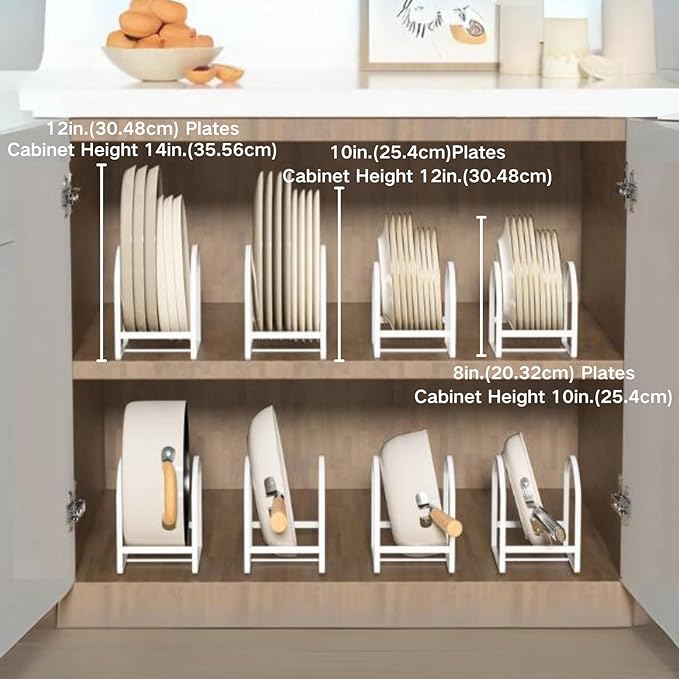 4 Pack Kitchen Plate Holder Organizer for Cabinet Space Saver Dinner Dish Storage Rack Upright Dish Drying Racks Metal Plate Dish Racks Stand for Cupboard and Countertop 2 Large 2 Small White