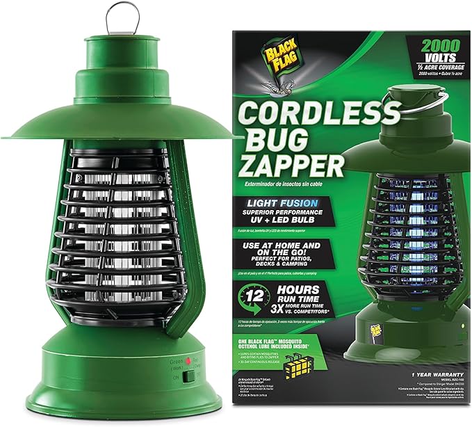 Black Flag 2000v Bug Zapper Lantern | Rechargeable Indoor/Outdoor Fly Zapper | 12-Hour Electric UV Pest Control (Green)
