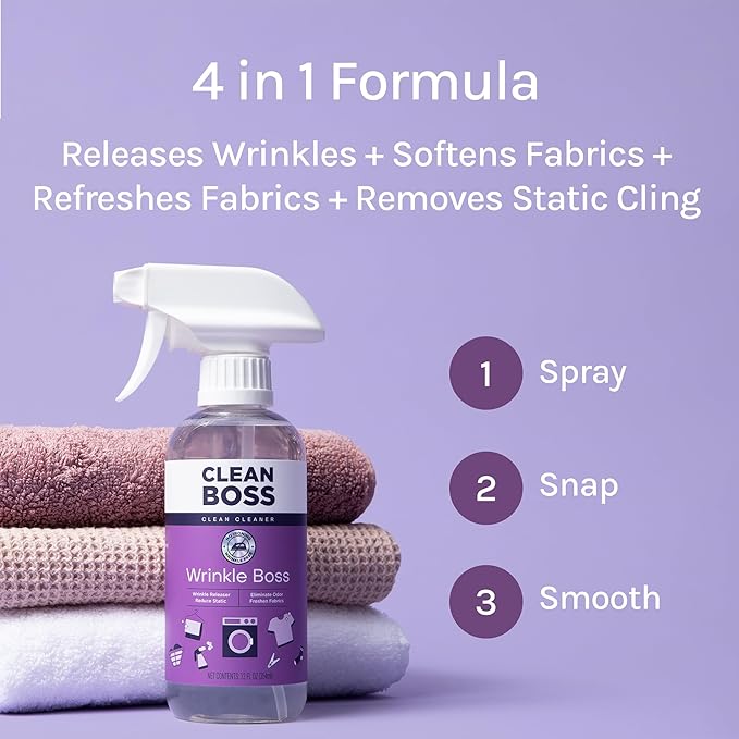 CleanBoss Wrinkle Boss Release Spray for Clothing - 2 Bottles Plus 1 Mini Travel Size Wrinkle Guard For On The Go