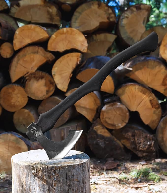 JXE JXO 22.8 Inch Hatchet, Splitting Axe 1065 High Manganese Steel, Hickory Handle Tomahawk Axe with Leather Sheath