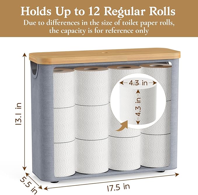 Toilet Paper Storage Basket with Bamboo Lid, Toilet Paper Holder with Storage, Free Standing Bathroom Storage Organizers with Non-Slip Bottom, Grey 2 Pack