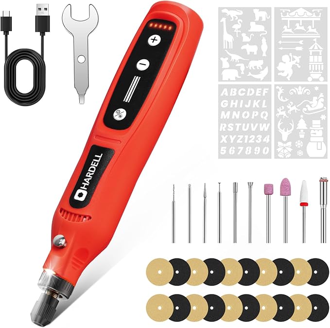 HARDELL Engraving Pen, Cordless Rechargeable Rotary Tool,5 Speed Engraver Pen For Metal, Wood, Plastic And Glass, Engrave 50+ Surfaces with 6 Carving Bit, 3 polishing bit, 20 Sandpaper, 4 Stencils