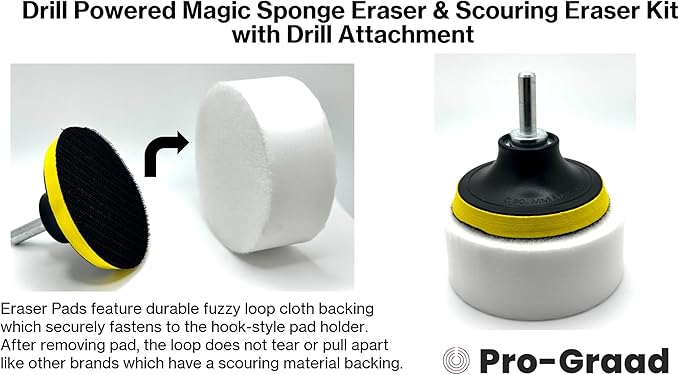4.5" Drill Powered Magic Sponge Eraser & Scouring Pad 6 Pieces Kit With Drill Attachment | Ultra Durable Pads for Deep Cleaning Bathroom Kitchen Floors Walls Baseboards Crayon Marker & More