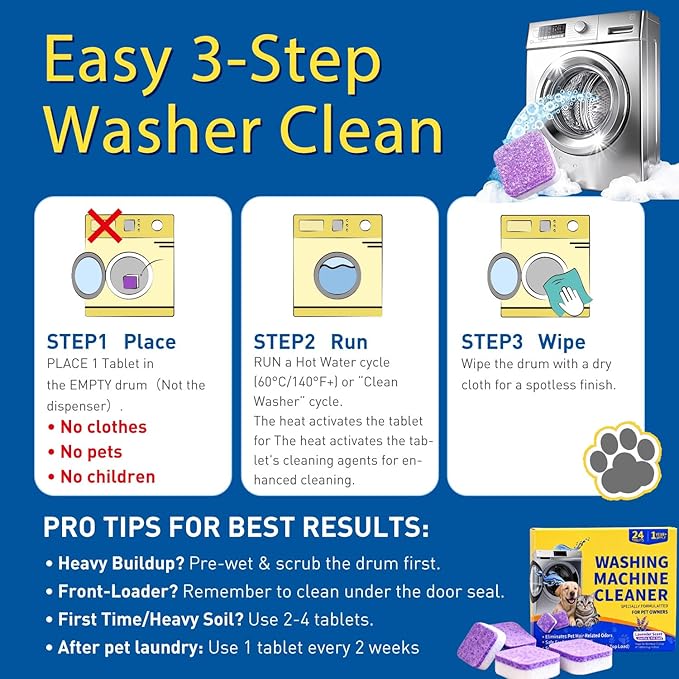 24 Count Washing Machine Cleaner for Pet Hair Relief Tablets - HE-Safe, Septic-Safe, Lavender Scent, 1-Year+ Supply, Pet-Friendly Washer Cleaner for Top/Front Load Washers