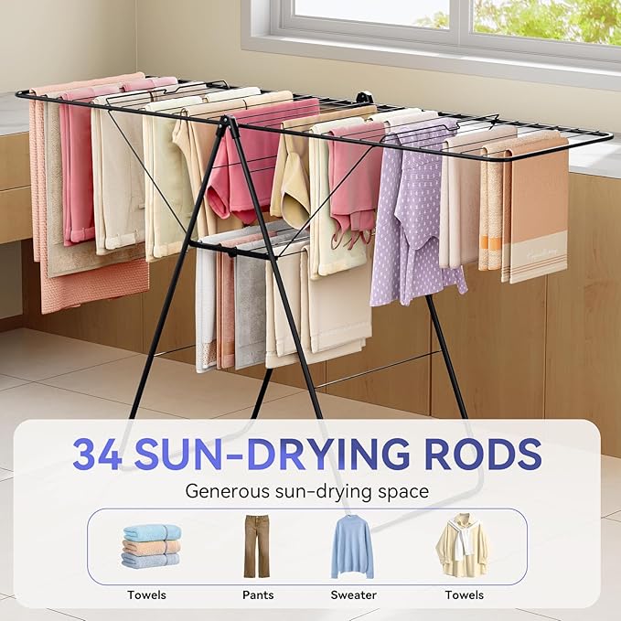 APEXCHASER Clothes Drying Rack, Foldable Oversized Drying Rack Clothing with U-Shaped Foot Cover, Height-Adjustable, Multi-Bar Laundry Rack, Indoor Outdoor Use, 20.47" D x 70" W x 42.52" H, Jet Black