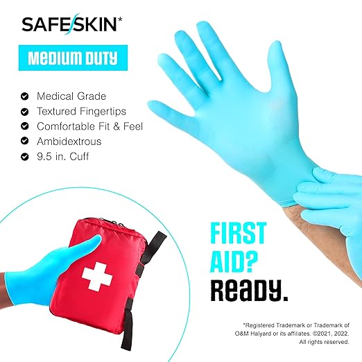 SAFESKIN Nitrile Disposable Gloves, Medium Duty, Medium Size, Powder-Free - For Food Handling, First Aid, Cleaning, Gardening, Crafting - Exam Gloves, 100-Count
