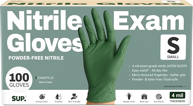 SUP Disposable Nitrile Gloves, Powder-Free Latex-Free Food Safe Cooking Home Cleaning Non-Sterile Glove, Moss Green, 100 Ct
