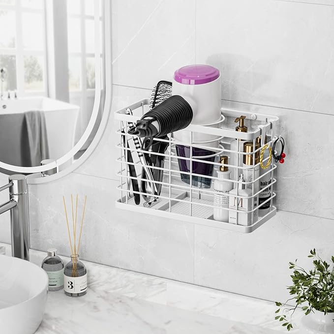 OVICAR Hair Dryer Holder - 3-in-1 Hair Tool Organizer Blow Dryer Holder Adjustable Height Cabinet Door/Wall Mounted Bathroom Organizer for Hair Dryer, Flat Irons, Curling Wands, Straighteners Storage
