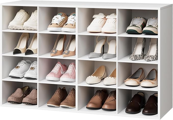 Garden 4 you Shoe Storage Bench, Cubby Shoe Rack with 16 Cubbies, 4-Tier Wood Shoe Rack Organizer, Shoe Organizer Cabinet for Entryway, Hallway, Closet and Garage, White