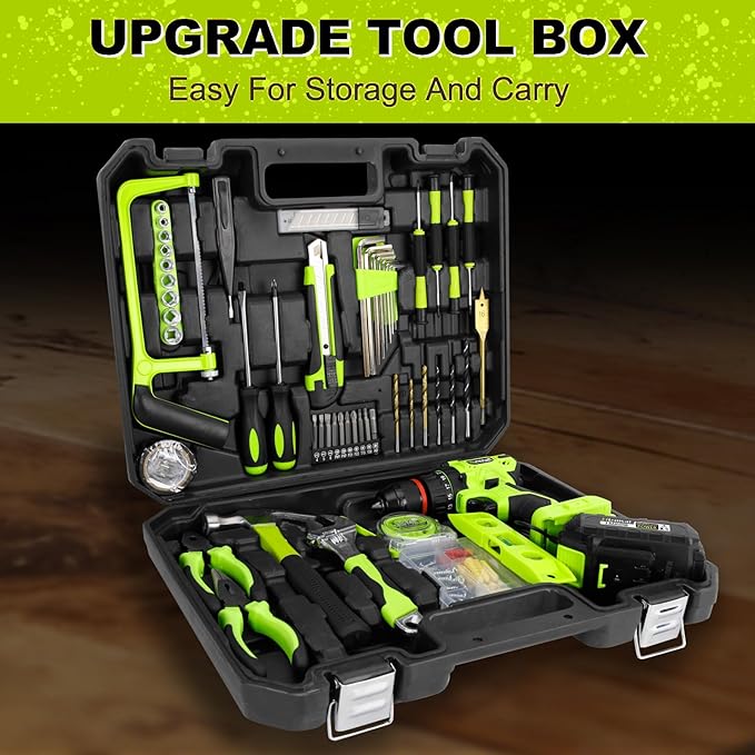 Brushless Drill Tool Set,20V Cordless Drill Tool Box with 2.0Ah Battery,50N.m & 24+1 Gear 3/8" Keyless Metal Self-locking Chuck Handheld Tool Drills Kit,Taladro Inalámbrico for Home Repair Set
