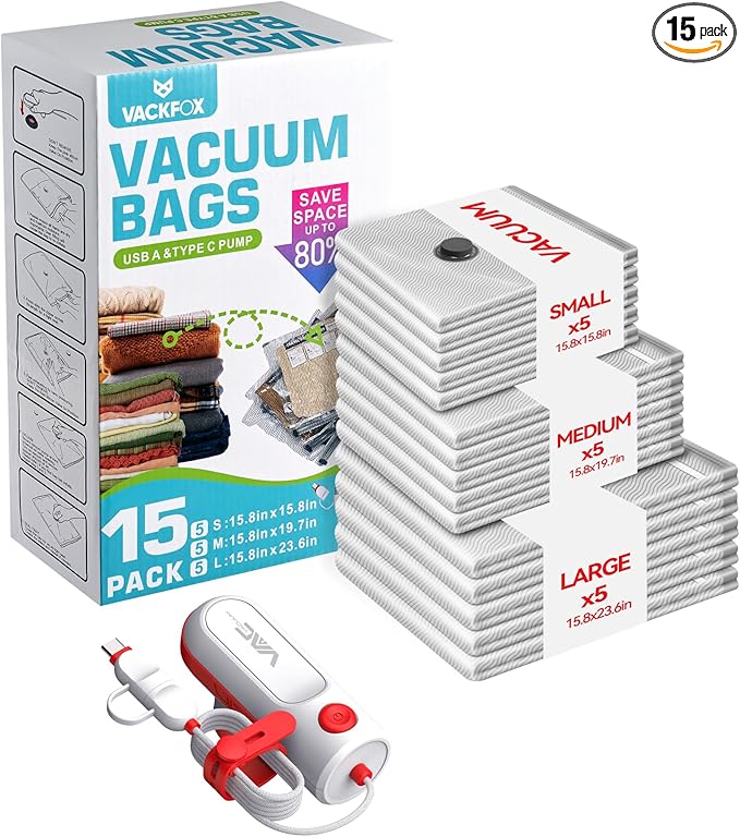 Vacuum Bags for Travel with USB & TYPE C Pump,Vacuum Seal Travel Bags,15 Pack Carry-on Size Vacuum Storage Bags for Luggage and Suitcase,Space Saver for Clothes and Travel(Red)