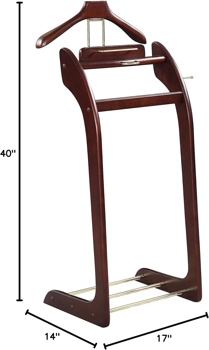 Proman Products Windsor Suit Valet Stand VL16001 with Top Tray, Contour Hanger, Trouser Bar, Tie & Belt Hooks and Shoe Rack, 17"W x 14"D x 40"H, Dark Walnut