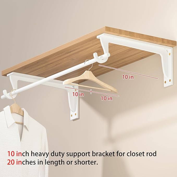 10 inch Closet Rod Bracket Support 400lb WYGWP Heavy Duty Closet Shelfs Support with Rod Holders, Wall Mounted Shelf Shelving Brackets with Hook for Wardrobe Walk-in Closet and Armoire(4pack White )