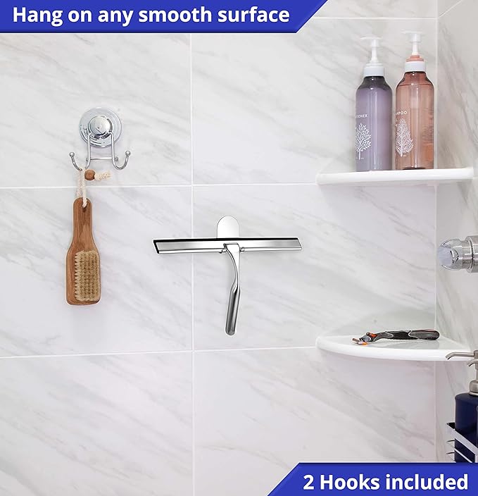 HOME SO Shower Squeegee for Glass Doors – Stainless Steel Squeegee with Adhesive Hooks - Window, Floor & Car Squeegee, Multi-Purpose Bathroom, Mirror & Tile Cleaner - Bathroom Essentials - Chrome 12"