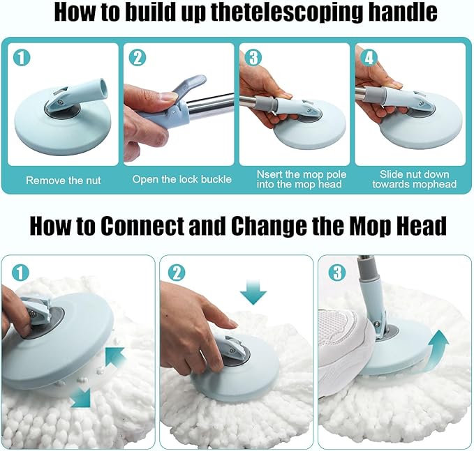 Spin Mop and Bucket with Wringer Set, 360° Spinning Mop Bucket System with 3 Microfiber Mop Replacement Heads, Adjustable Handle for Floor Cleaning (Light Blue)