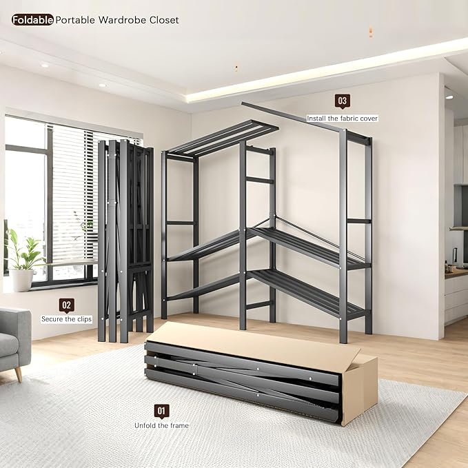 Foldable Portable Armoire Wardrobe Closet for Hanging Clothes Rack, Heavy Duty Covered Clothes Rack with Cover(HARDBOARD Magnetic), Closet Garment Rack for Bedroom Storage (KT Grey, 59.05in)