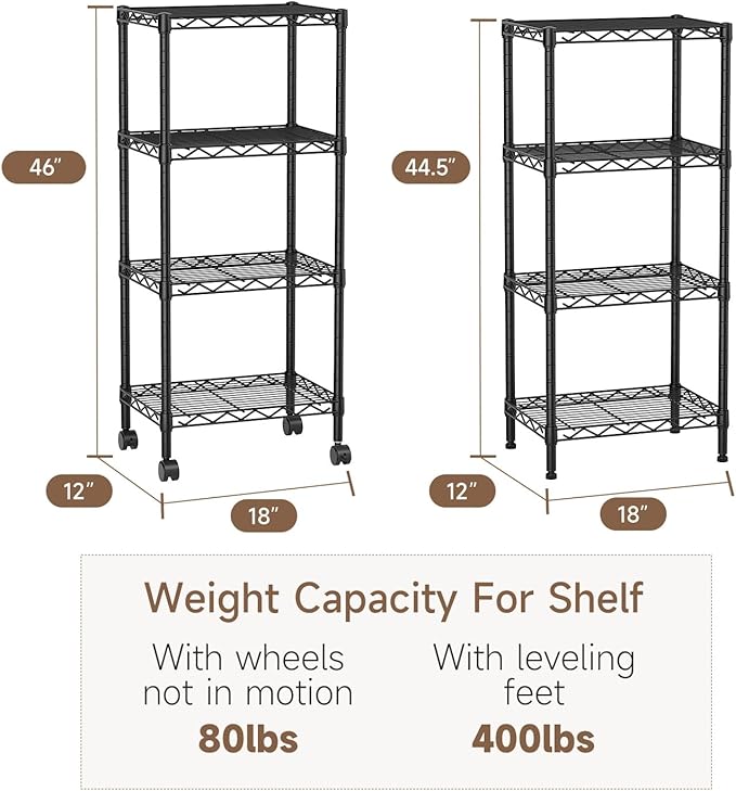 Golpart 4 Tier Adjustable Storage Shelves Metal Utility Shelf Wire Shelving Unit Organizer Rack for Home Kitchen Office Bathroom Pantry Room 12" D x 18" W x 44" H