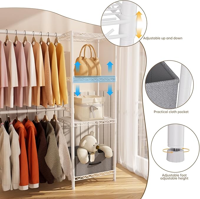 Golpart Coat Rack Clothes Wardrobe：Closet Organizer and Storage Clothing Garment Rack with Shelves Heavy Duty for Hanging Clothes Portable Adjustable White 15.8" Dx(70-88.5)" Wx76.5 H