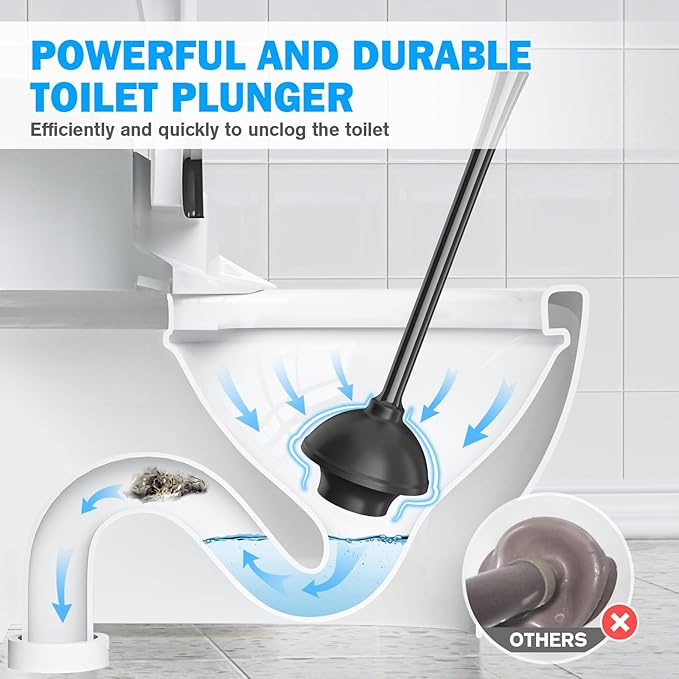 Toilet Plunger and Brush Set, Silicone Bowl Brush and Heavy Duty Toilet Plunger with Ventilated Holder, 2-in-1 Toilet Brush and Plunger Combo for 5.3-inch Toilet Drain Bathroom Deeply Cleaning (Black)