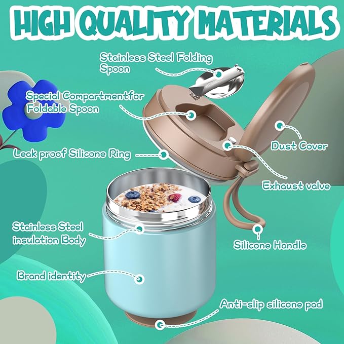 Insulated Food Jar for Kids - 15.2 Oz, Thermo for Hot Food, Soup Thermo, Insulated Food Container, Termos Para Comida Caliente, Width Mouth Stainless Steel Lunch Box with Spoon, Green