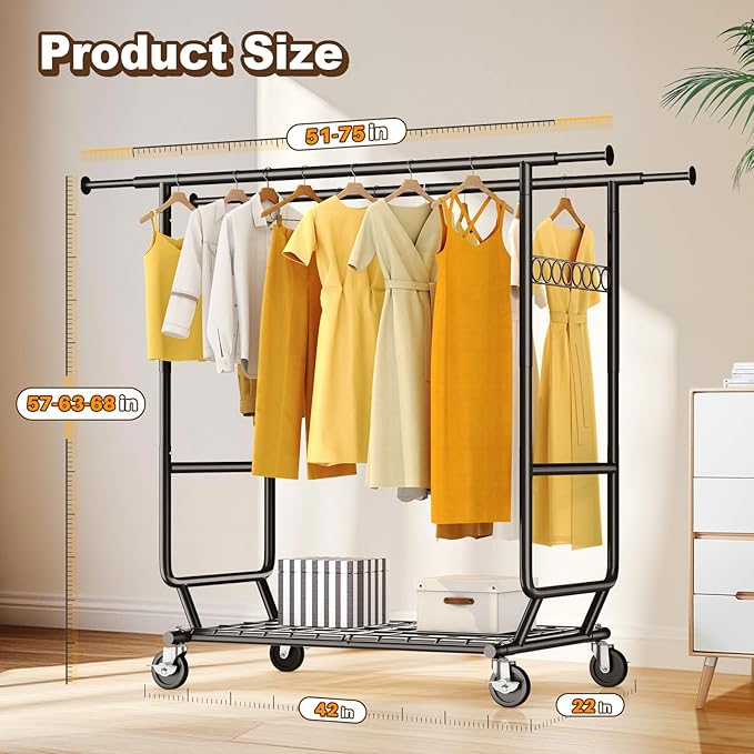 HOKEEPER Clothes Rack Heavy Duty Clothing Rack Load 650 LBS Collapsible Garment Rack with Wheels Double Rod Coat Rack for Hanging Clothes Commercial Closet Rack with Shelves, Black 22" D*75" W*68" H