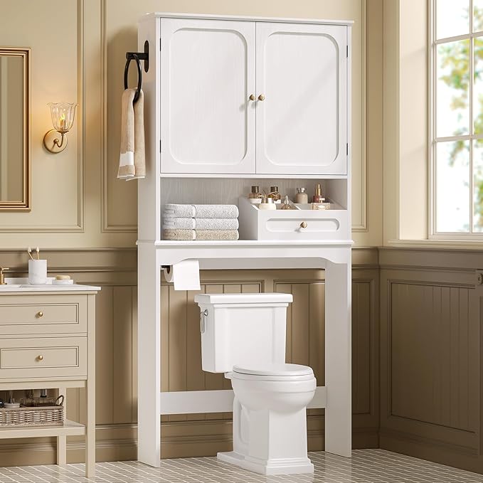 Over The Toilet Storage Cabinet with Adjustable Shelves & 2 Doors, Bathroom Storage Cabinet with One 4-Section Drawer, Towel Holder & Toilet Paper Holder for Bathroom, Laundry Room
