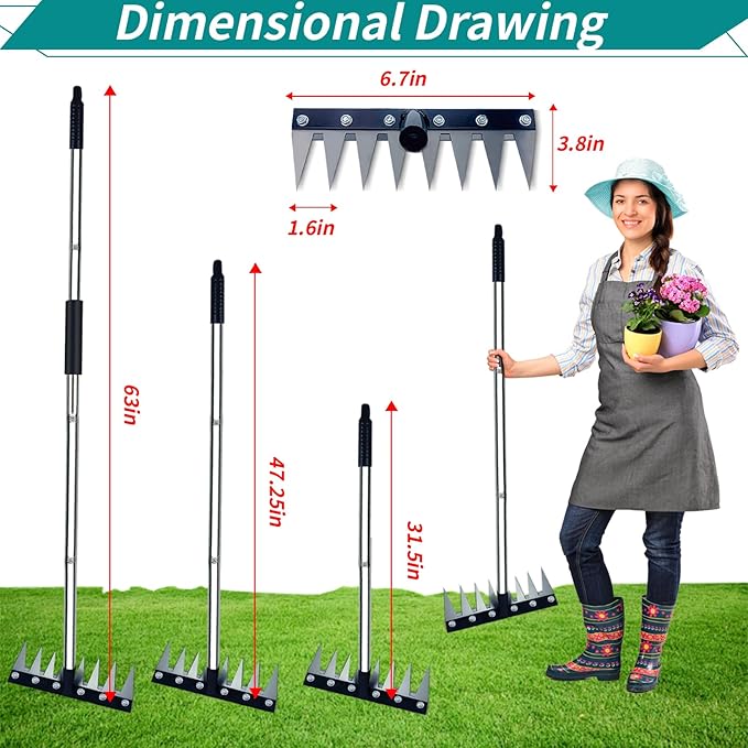 Stainless Steel Weeding Tool - 8 Tine Garden Rake with Adjustable Handle (31"-63"), Heavy Duty Weed Puller for Soil Cultivation, Rust-Resistant Garden Hand Tool
