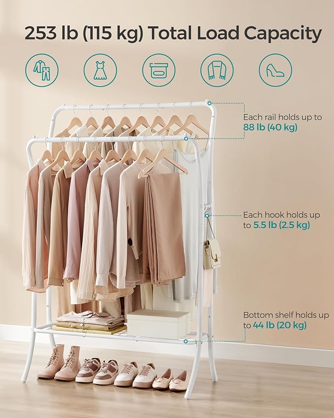 SONGMICS Clothes Rack,Clothing Rack with Shelves,Garment Racks Heavy Duty,Double Rod Clothes Rack with 6 Hooks, Clothes Storage and Display,for Living Room,Bedroom, Cloud White UHSR109W01