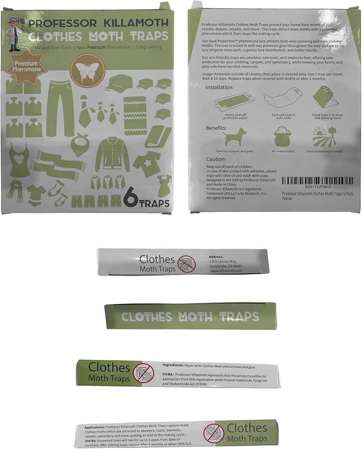 Professor Killamoth Triple Strength Clothes Moth Traps – Safe, Non-Toxic Closet Moth Prevention for Clothes & Wool – Pheromone Traps for House & Wardrobe Protection – 6 Pack
