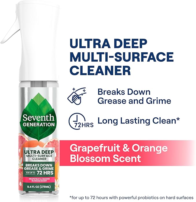 Seventh Generation Ultra Deep Probiotic Multi Surface Cleaner, 9.4 Fl Oz, Grapefruit & Orange, 80% USDA Biobased All Purpose Cleaning Spray, Breaks Down Tough Grease & Grime, Safe for Kids & Pets