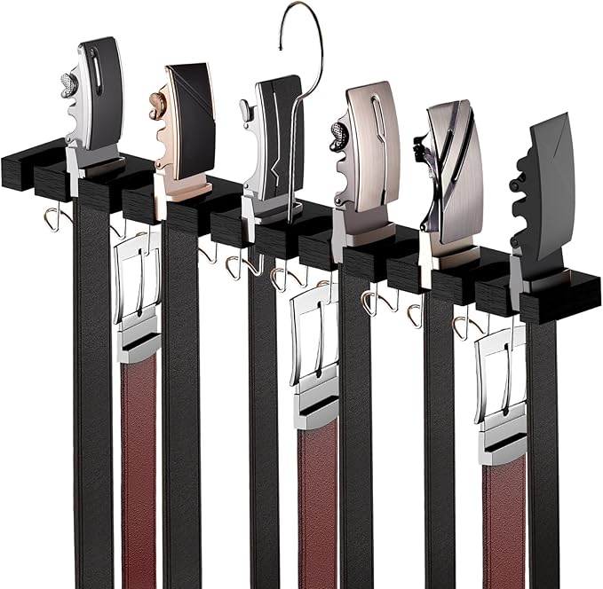 Cuipingoo Belt Hanger for Closet Max 42 Belts, 2-in-1 Wall Mount Belt Organizer with 360° Rotating Hooks, Wooden Tie and Belt Rack for Closet Accessories Organizers and Storage, Black