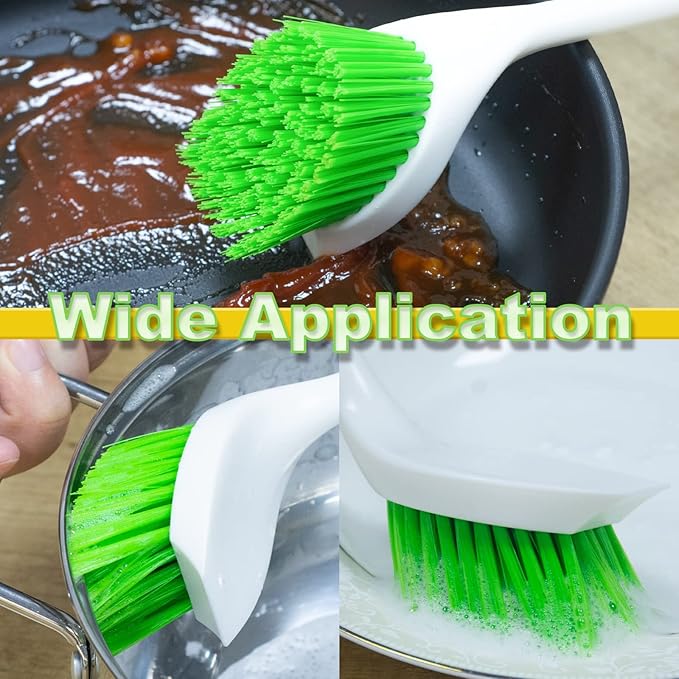 ITTAHO Dish Scrubber Set, Kitchen Brush for Cleaning with Scraper Edge, Green Multi-Purpose Scrub Brush with Handle for Dishes,Sink,Pots,Pans,Shower,Tile,Tubs - 3 Pack