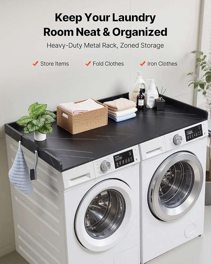 VEVOR Washer Dryer Countertop with 3 Splicing Panels, 54" x 27" Wooden Washer and Dryer Countertop with 2 Hooks, Water-Resistant Laundry Topper for Laundry Room Organization and Storage, Black Marble
