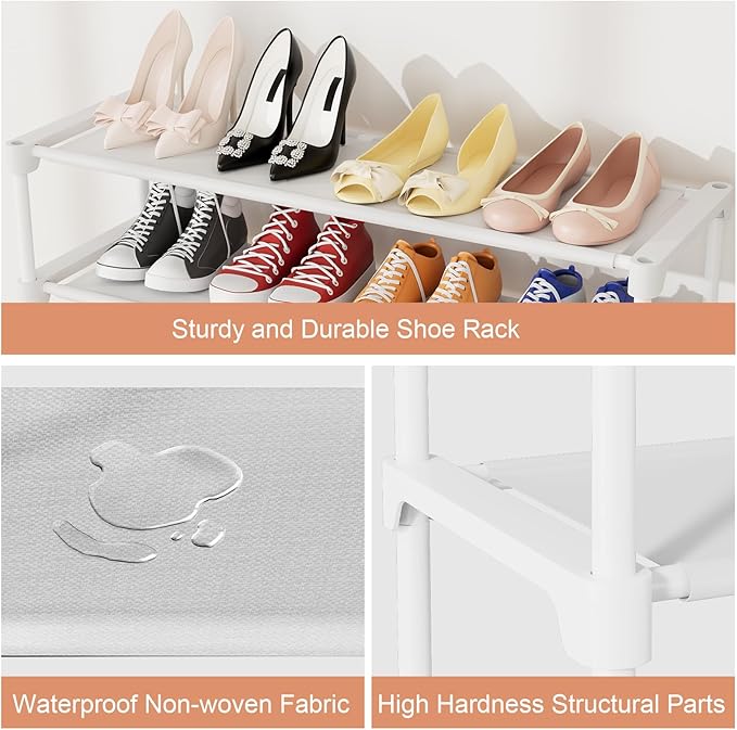 34" Widening Design Shoe Rack for Closet 16 Pairs Small Spaces Non-Woven 3 Tier Shoe Organizer Stackable Metal Shoe Shelf for Entryway, Bedroom White