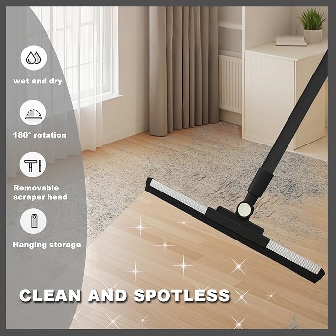 Squeegee Broom for Floor Shower Squeegee with Long Handle Rubber Wiper for Bathroom Tile Shower Glass Car Window Deck Patio Cleaning (Black)