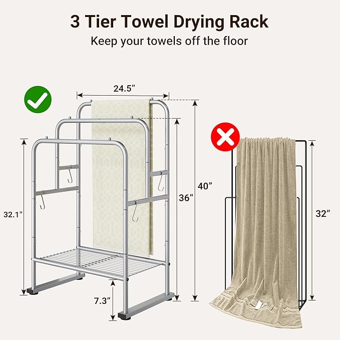 ELYKEN 40'' Tall Standing Towel Racks, 3 Tier Towel Drying Rack Outdoor, Pool Towel Stand Blanket Holder with Shelf & 4 Removable Hooks, Metal Freestanding Towel Racks for Bathroom, Smooth Silver