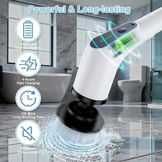 Electric Spin Scrubber, Cordless Cleaning Brush with 8 Replaceable Brush Heads, Shower Scrubber with Adjustable Extension Handle, Waterproof Power Scrubber for Bathroom Tile Floor Tub Car Walls
