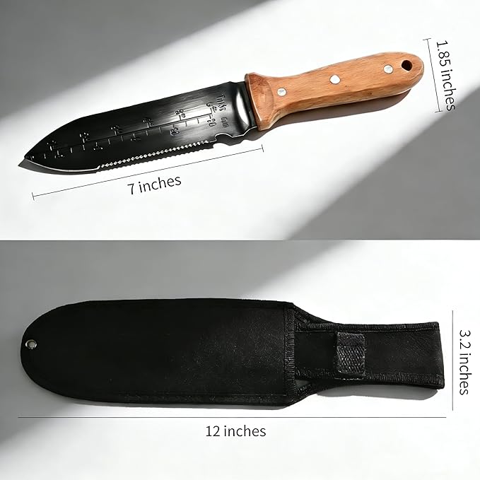 Hori Hori Garden Knife, 7" Stainless Steel Blade Heavy Duty Gardening Tool, Full-Tang Wooden Handle with Hanging Hole & Oxford Sheath for Weeding Digging Planting Cutting