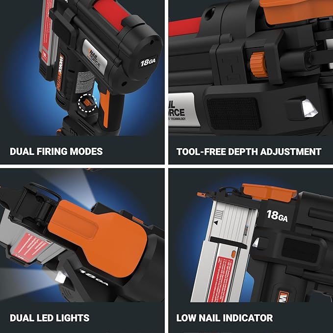 Worx Nitro 20V 18GA Brad Nailer Cordless Fires 80 Nails Per Minute, Cordless Nail Gun Anti-Ejection, Nail Gun Battery Powered Tool-Free Jam Release WX842L.9 Power Share – Tool only