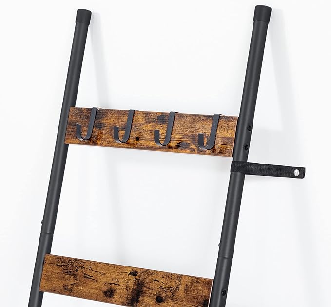 HOOBRO Blanket Ladder, 5-Tier Towel Rack with Hooks, Wall-Leaning Blanket Rack, Decorative Display Ladder Shelf, for Scarves, Industrial, Living Room, Bedroom, Rustic Brown and Black BF52CJ01