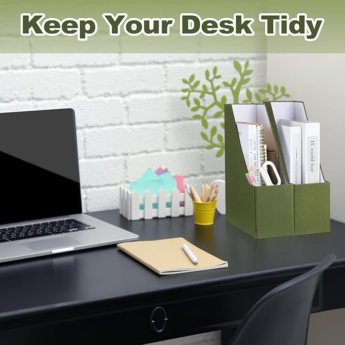 Gueevin Set of 6 Magazine File Holder Stylish Sturdy Cardboard File Boxes Desk Magazine Organizer Rack with Gold Label Holder to Organize Your Desk or Shelves for Home Classroom Office Library(Green)